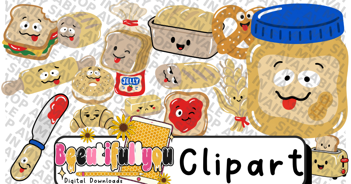 Bread Themed Clipart Bundle PNG | Funny Doodle Bread Clipart Elements | Cute Bakery Food Design Set