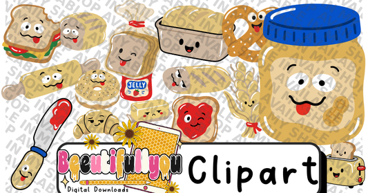 Bread Themed Clipart Bundle PNG | Funny Doodle Bread Clipart Elements | Cute Bakery Food Design Set