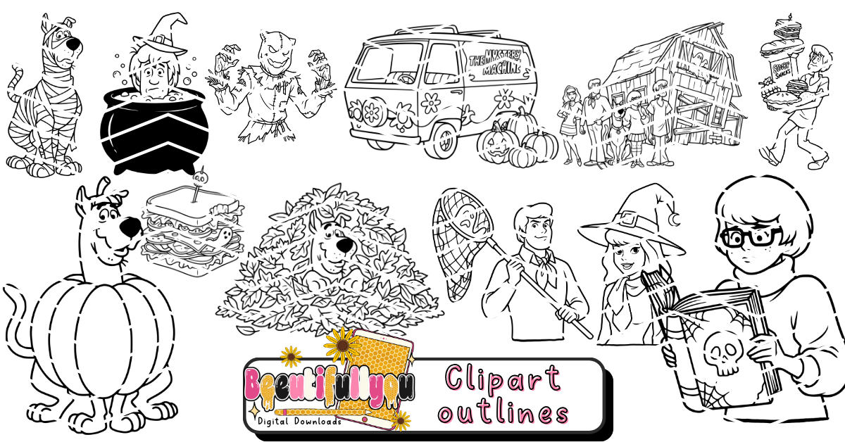 Mystery Cartoon Halloween Colorable Clipart Bundle