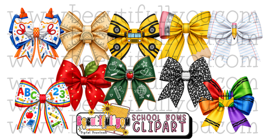 School Bow Clipart Bundle, 10 Back to School PNGs, Teacher Classroom Bows, Pencil Bus Ruler and Crayon Digital Download