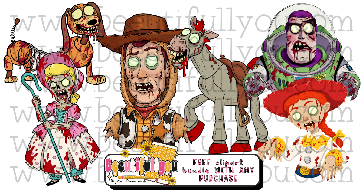 Zombie Western Clipart Bundle,  Colored PNGs &  Outlines, Spooky Cowboy Halloween Digital Download, Commercial Use