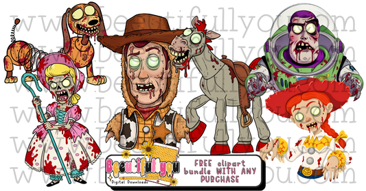 Zombie Western Clipart Bundle,  Colored PNGs &  Outlines, Spooky Cowboy Halloween Digital Download, Commercial Use