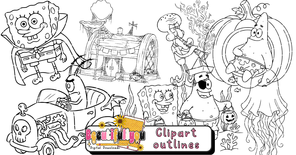 Undersea Halloween Colorable Outline Clipart Bundle
