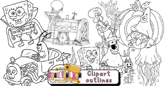 Undersea Halloween Colorable Outline Clipart Bundle