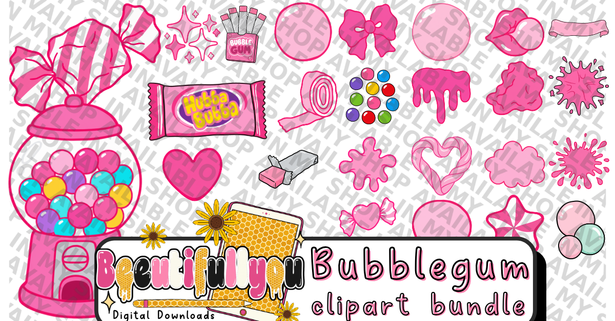Bubblegum Pop Font Bundle | OTF Font & PNG Alpha Set | Bubblegum Clipart Bundle Included | Cute Girly Font | Pink Candy Font