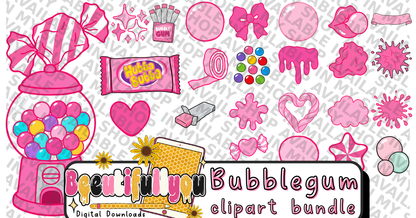 Bubblegum Pop Font Bundle | OTF Font & PNG Alpha Set | Bubblegum Clipart Bundle Included | Cute Girly Font | Pink Candy Font