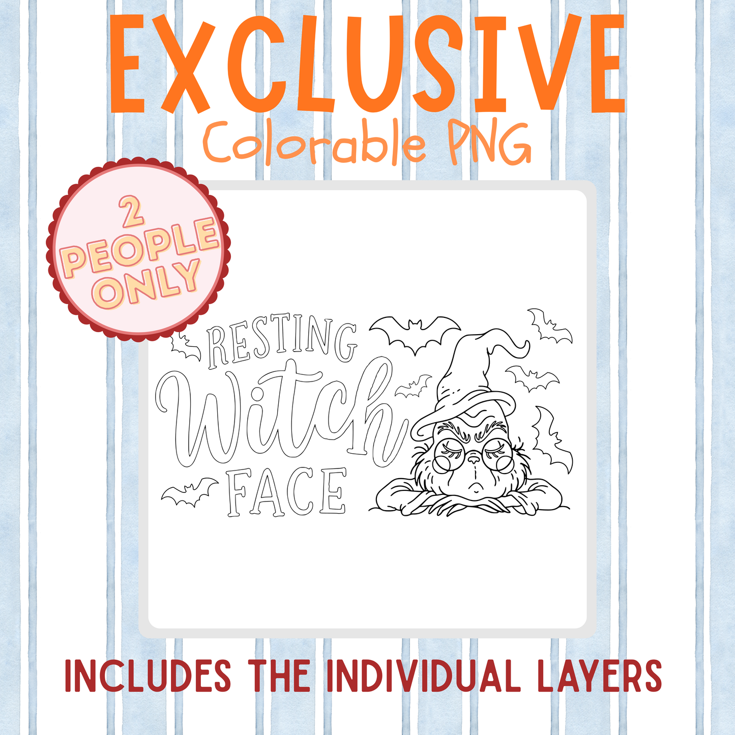 Resting Witch Face Colorable PNG, Exclusive Halloween Design With Resell Rights, Witch Coloring File, 4 PNG Design Bundle