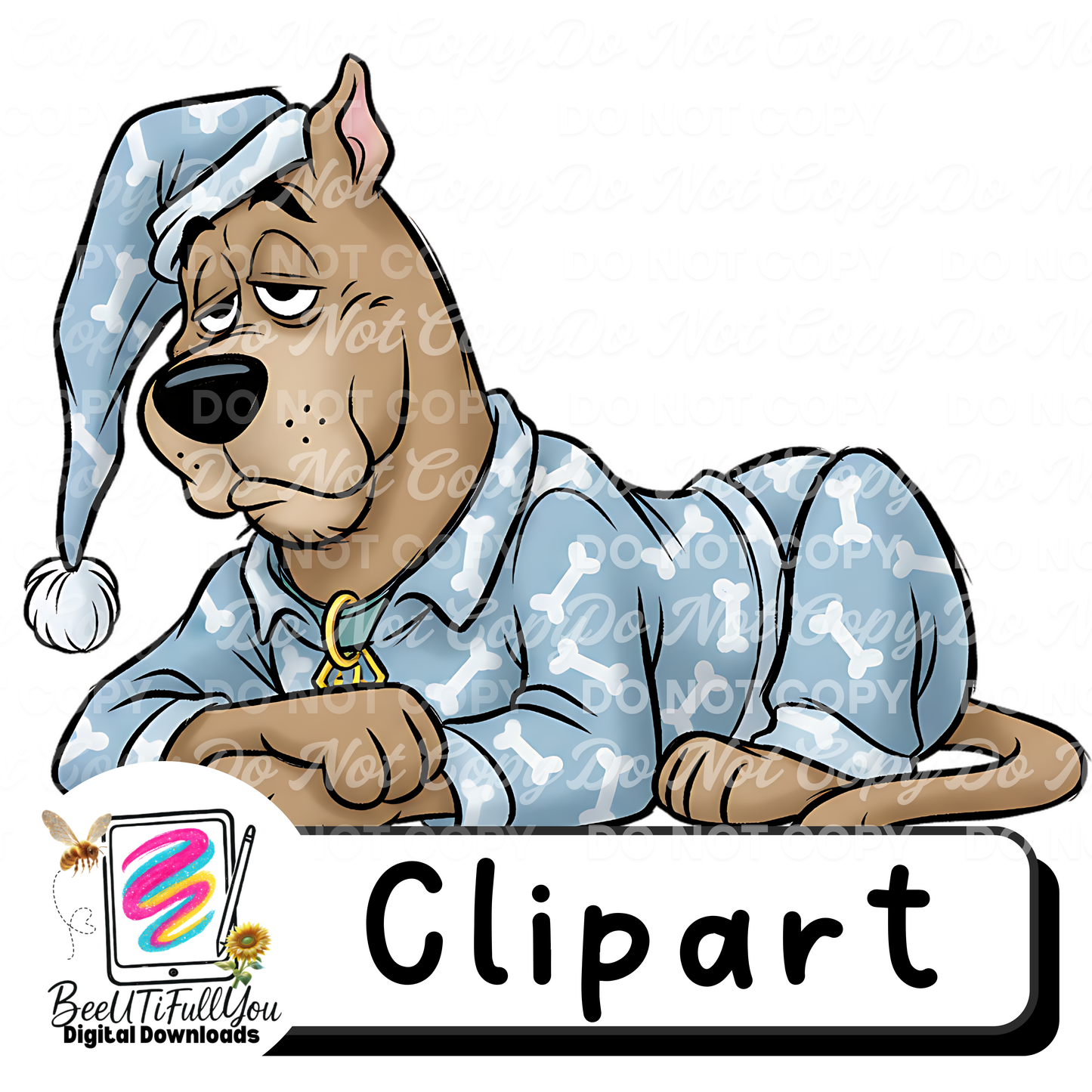 Sleepy Dog Pajamas Clipart | Outline + Colored PNG
