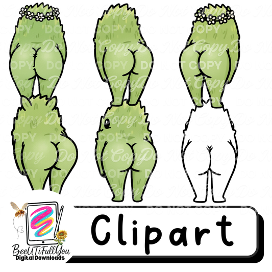 Green Thicc Character Clipart Set – Funny Back View Body PNGs | Digital Design Use