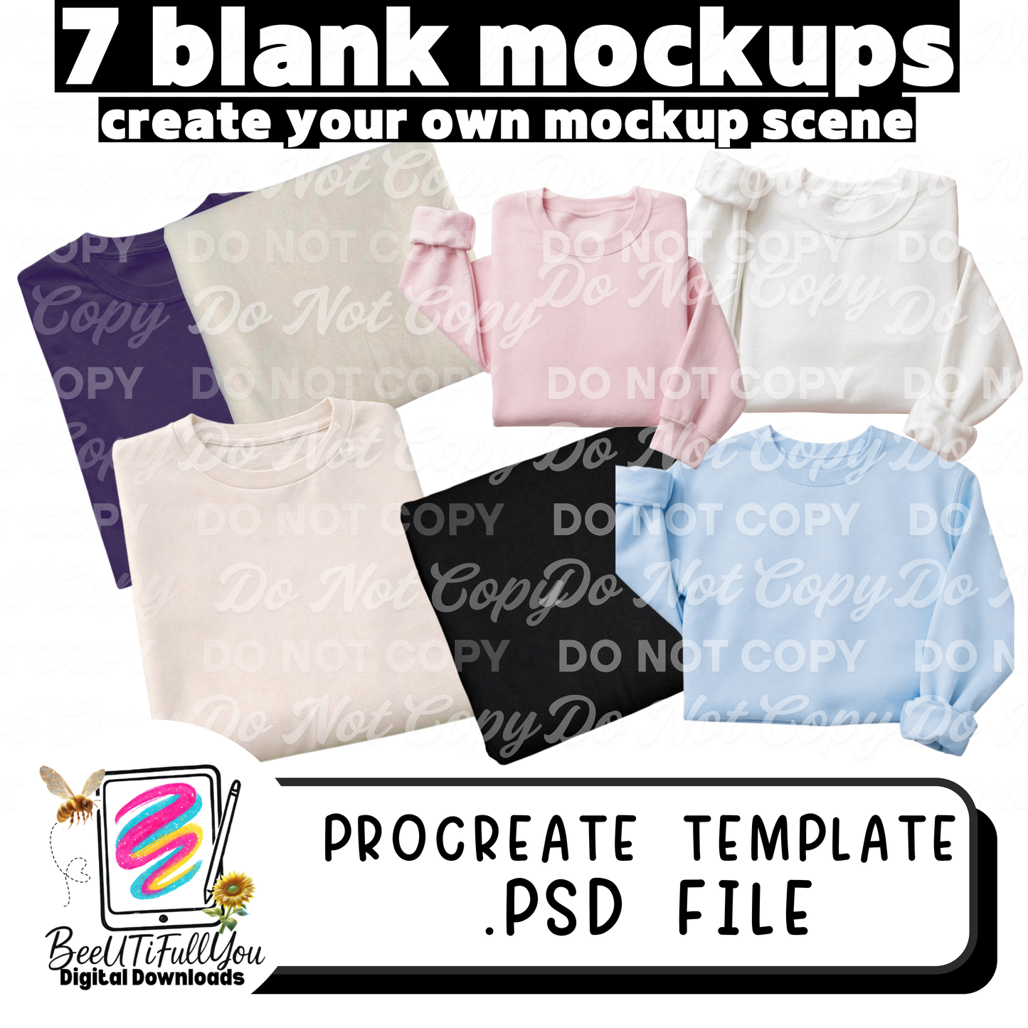 7 Blank Sweatshirt Mockups | Procreate Template + PSD File | Create Your Own Mockup Scene | Digital Download