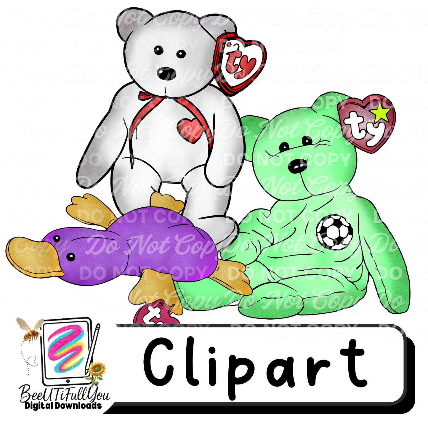 3pc Beanie Baby Inspired Clipart Set | Plush Toy Digital Clipart | Retro Stuffed Animal PNG | February 2026 Drive