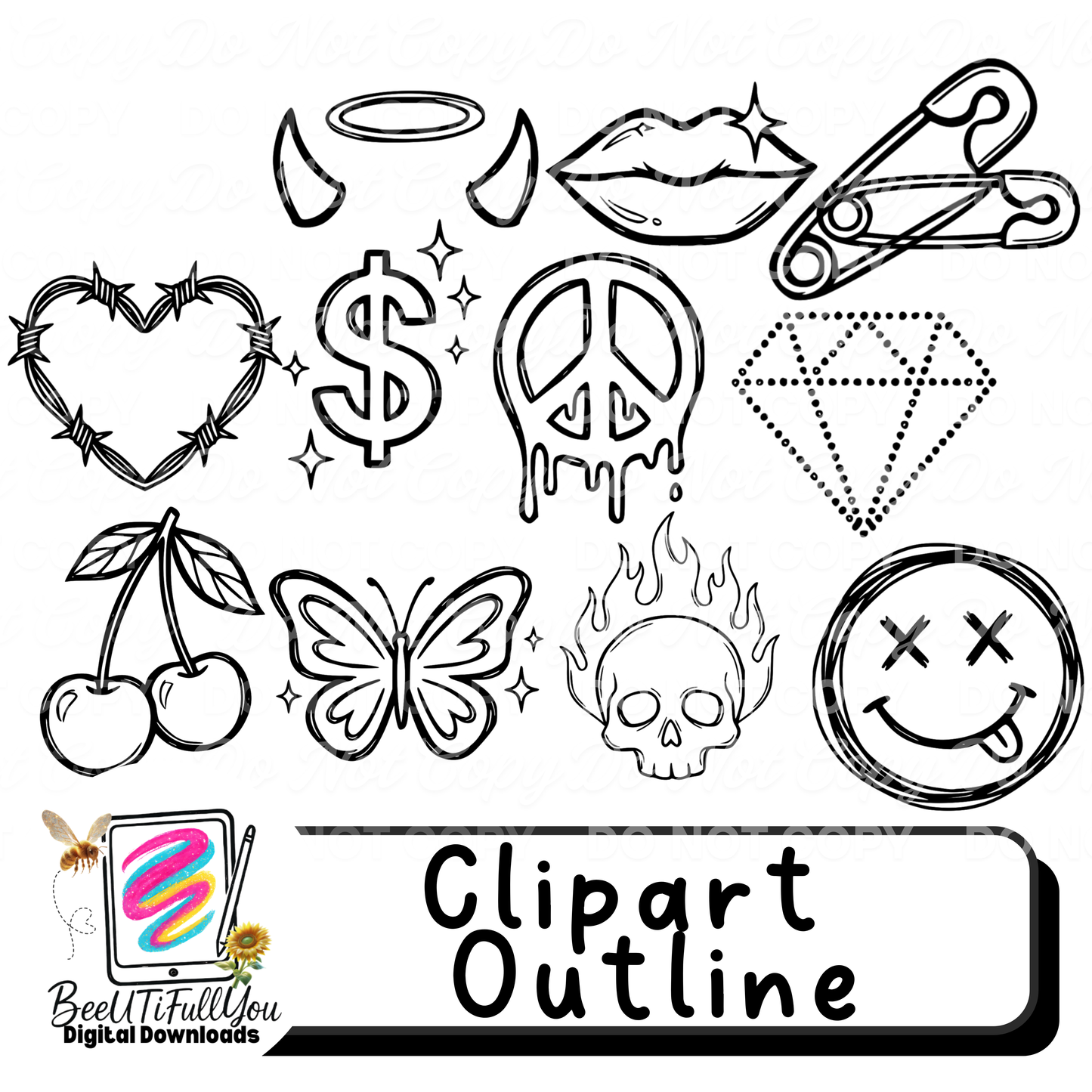 Edgy Aesthetic Icon Clipart Outline Set | Hearts, Skulls, Smiley, Butterfly & Symbols | Commercial Use Coloring Clipart
