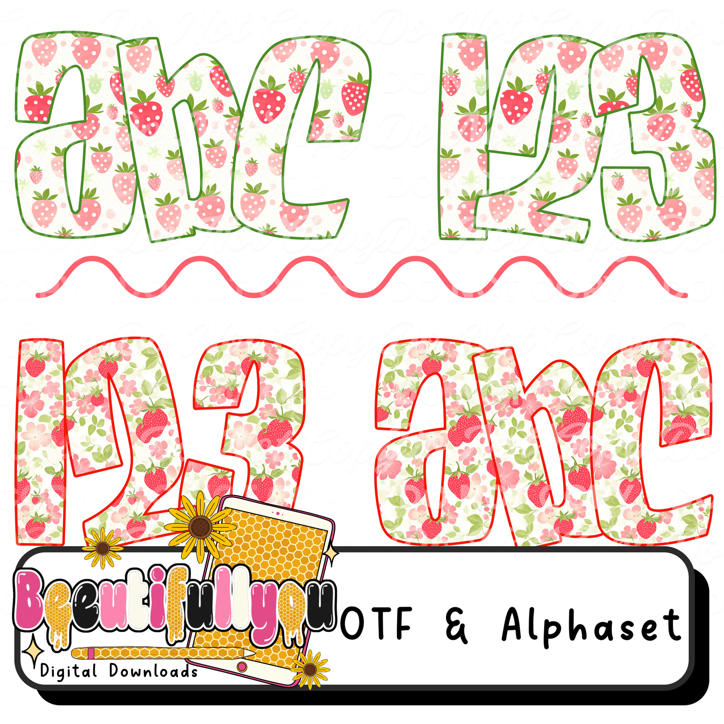 Berry Sweet Alpha Duo | Strawberry Alphabet PNG + OTF Font Bundle | Cute Floral Letters for Shirts &amp; Sublimation