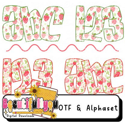 Berry Sweet Alpha Duo | Strawberry Alphabet PNG + OTF Font Bundle | Cute Floral Letters for Shirts &amp; Sublimation