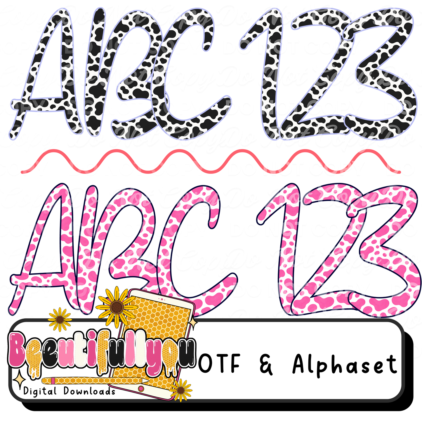 Moo Font Duo | Cow Print Alphabet PNG + OTF Font Bundle | Western & Girly Cow Pattern Letters for Shirts