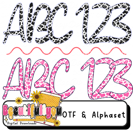 Moo Font Duo | Cow Print Alphabet PNG + OTF Font Bundle | Western & Girly Cow Pattern Letters for Shirts
