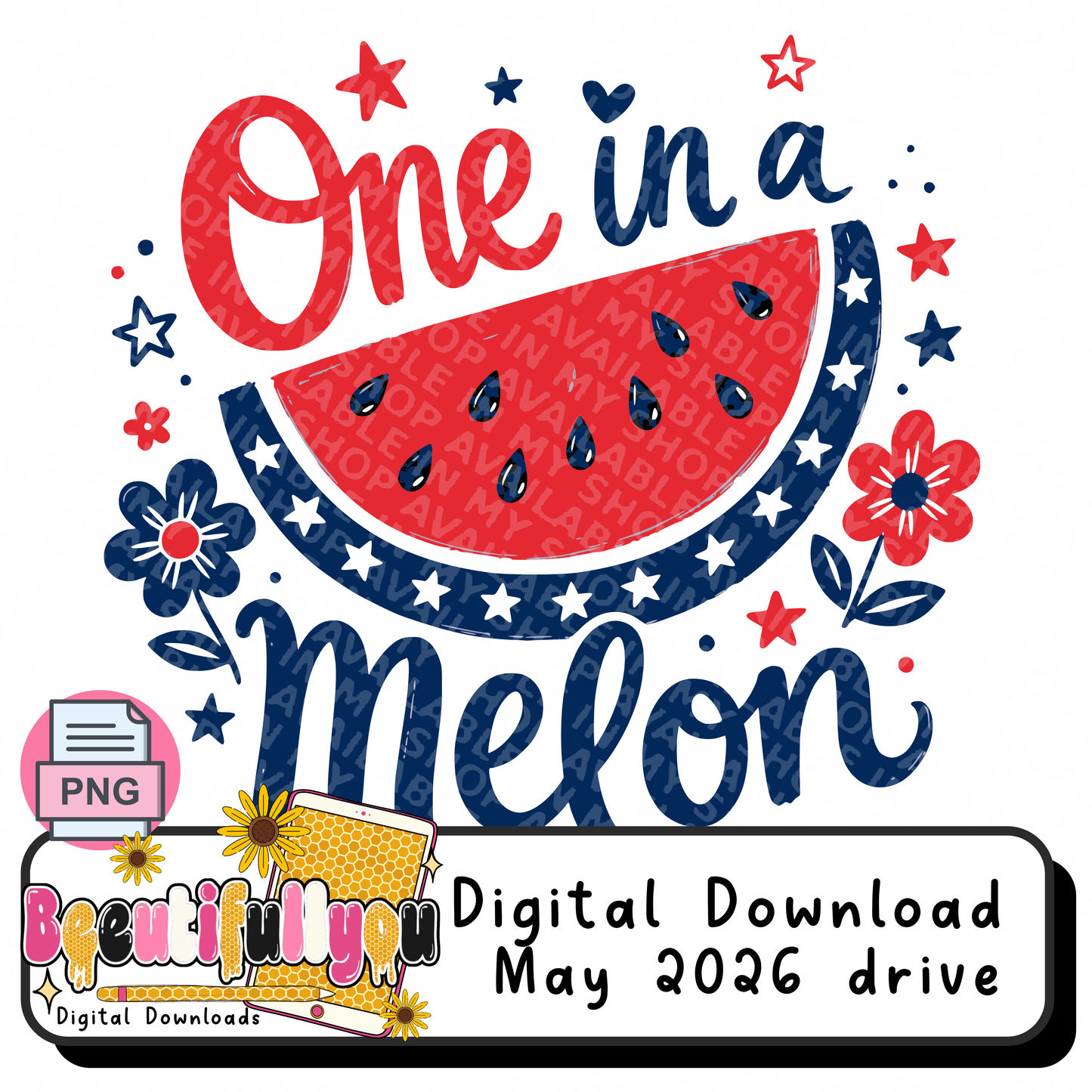 One in a Melon PNG + Seamless Pattern | Patriotic Watermelon Summer Design Set | AOP Sublimation and DTF design Bundle