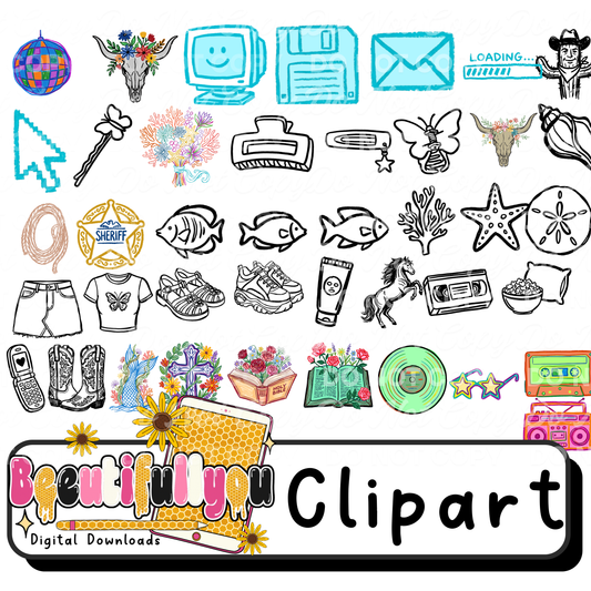 41 Piece Clipart Bundle | Mixed Theme PNG Pack | Western, Beach, Retro, Faith, Doodle Elements for T-Shirt Designs