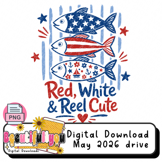 Red White & Reel Cute PNG | Patriotic Fish Shirt Design | Coastal 4th of July Fishing Sublimation & DTF Design Download