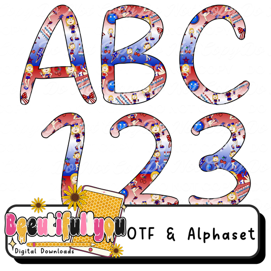Patriotic OTF Font + Alphabet PNG | 4th of July Font Bundle | USA Red White Blue Letters | Sublimation & DTF Design Font