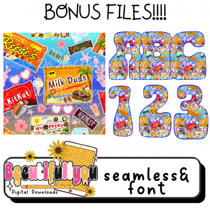 Chocolate Candy Clipart Bundle PNG | Candy Bar Clipart Set | Sweet Treat Graphics + Bonus Seamless Pattern & OTF Font