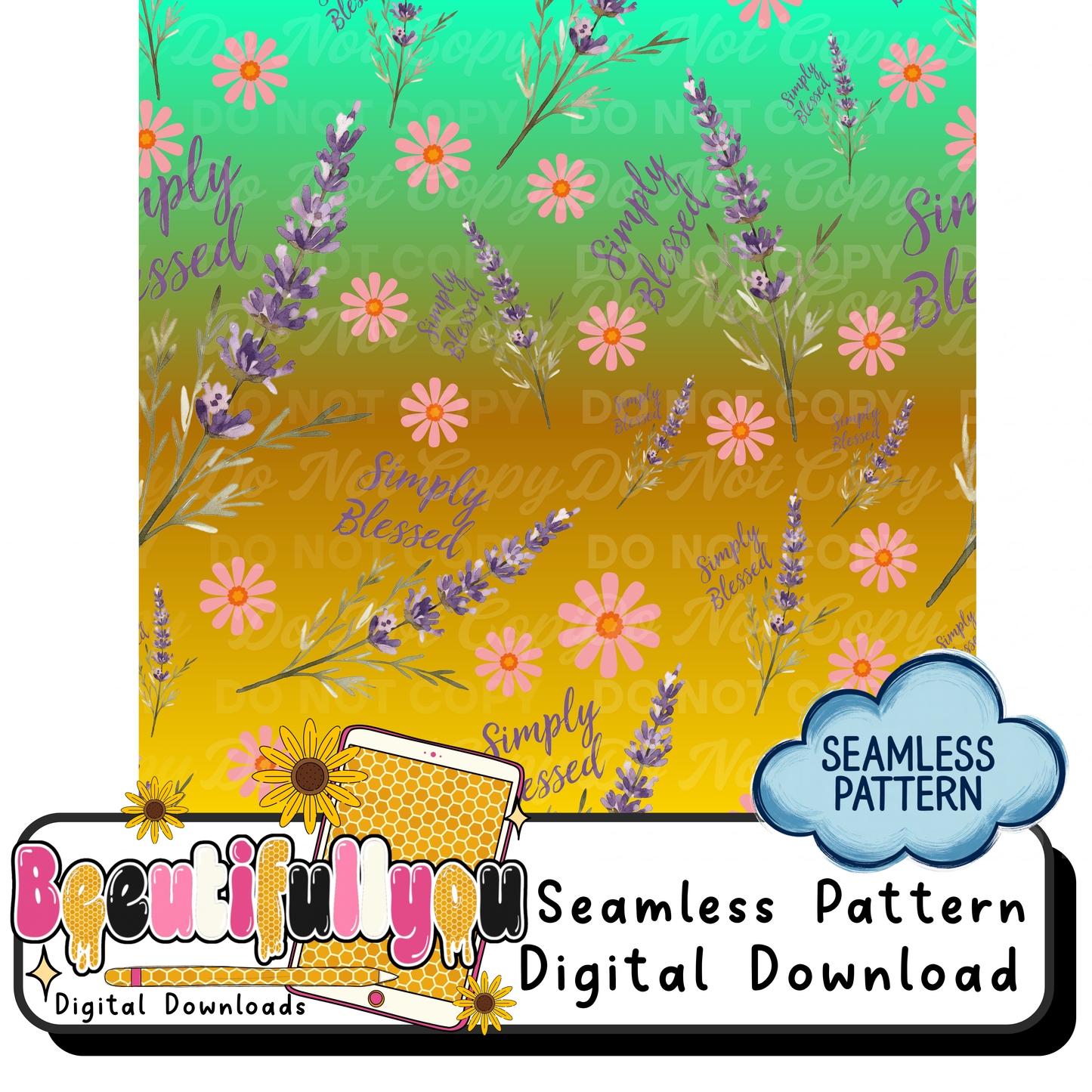 Simply Blessed Floral Seamless Pattern PNG | Lavender Daisy Faith Seamless File | Christian AOP Pattern | Sublimation and DTF Background