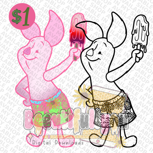 Summer Pig Clipart Bundle PNG | Beach Pig Character Clipart | Colored & Outline Clipart Set