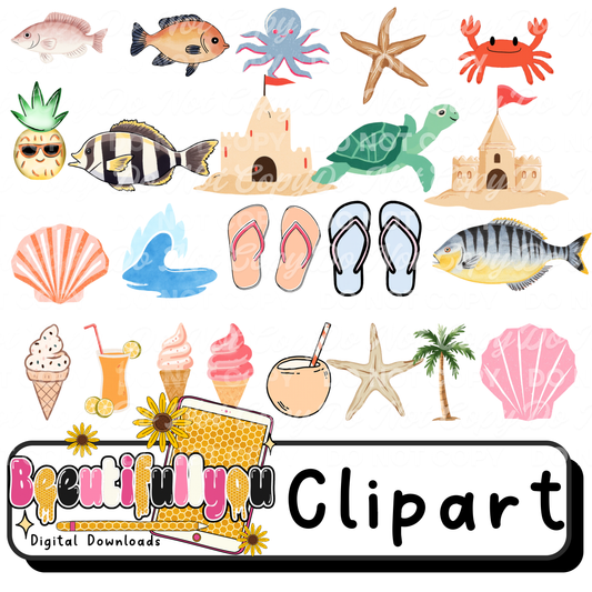 Beach Clipart Bundle PNG | Summer Elements Pack | Tropical Graphics for Designers | Commercial Use Clipart