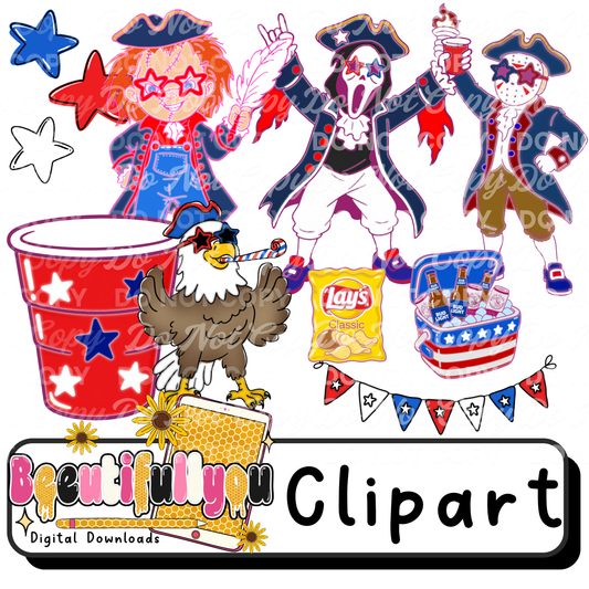 Patriotic Party Clipart Bundle PNG | Horror Americana Clipart Elements | 4th of July Doodle Clipart Set