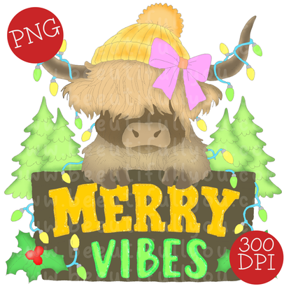 Merry Vibes Highland Cow Christmas PNG | Cute Christmas Cow Design | Girly Holiday PNG | Festive Cow Digital Download