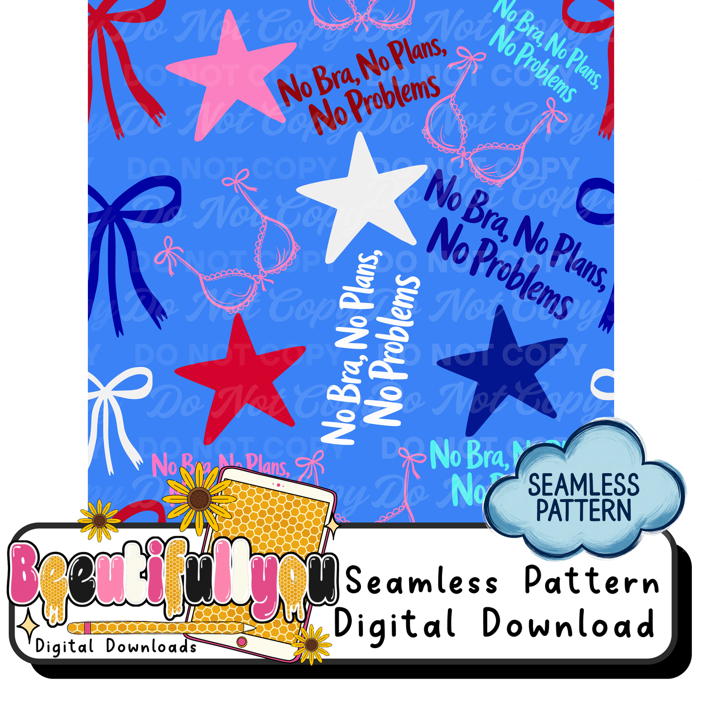 No Bra No Plans No Problems PNG + Seamless Pattern | Funny Beach Summer Design Set | AOP Shorts Sublimation and DTF design Bundle