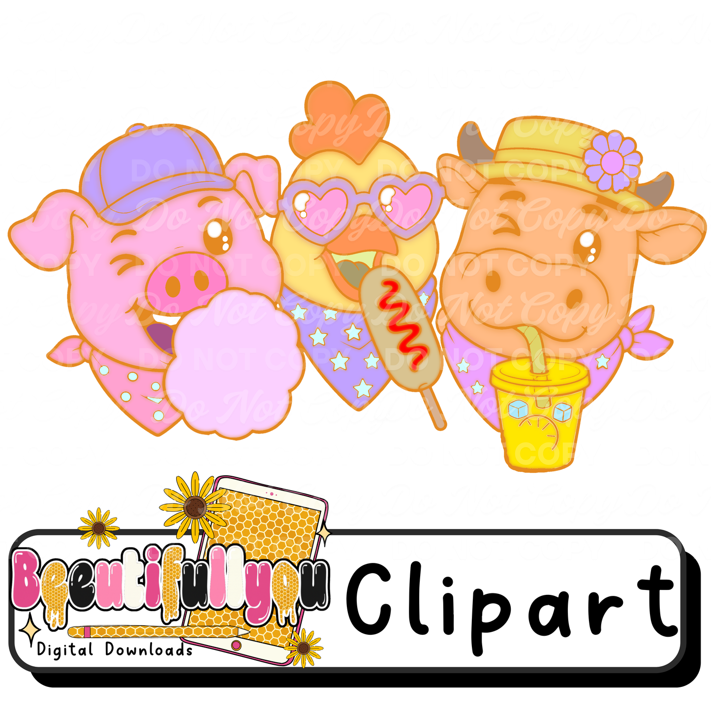 Fair Friends Clipart PNG | Cute Farm Animal Fair Clipart | Colored Pig Chicken Cow Design Element