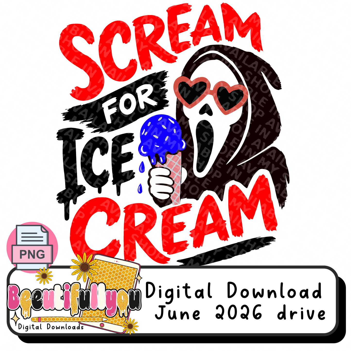 Scream for Ice Cream PNG set | 3 PNG Versions Included | Summerween Ghostface Design | Spooky Summer Shirt PNG | DTF & Sublimation Design Download