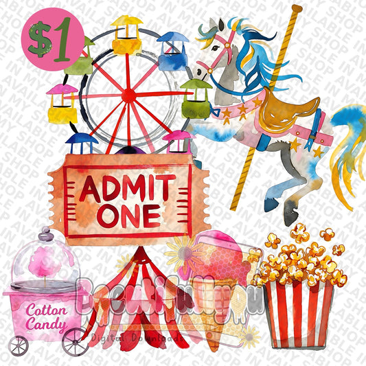 Watercolor Fair Clipart Bundle PNG | Carnival Clipart Set | Ferris Wheel Carousel Horse Cotton Candy Popcorn Fair Food Graphics | 7 Piece Clipart Pack