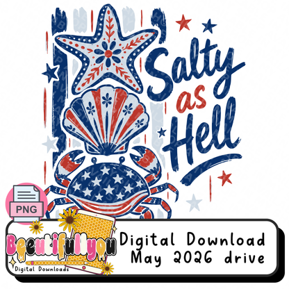 Salty as Hell PNG | Patriotic Crab Coastal Shirt Design | Funny Beach 4th of July Sublimation & DTF design Download