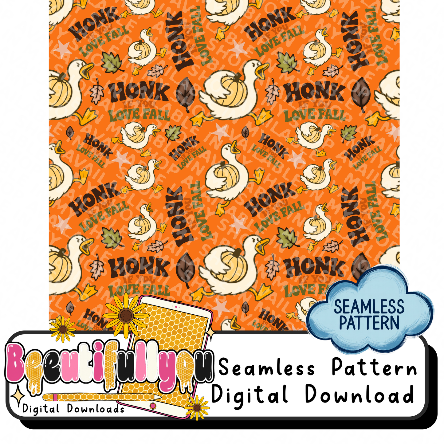 Honk If You Love Fall PNG | Goose Fall Shirt Design | Matching Seamless Pattern | Autumn Goose PNG | Pumpkin Goose | Digital Download