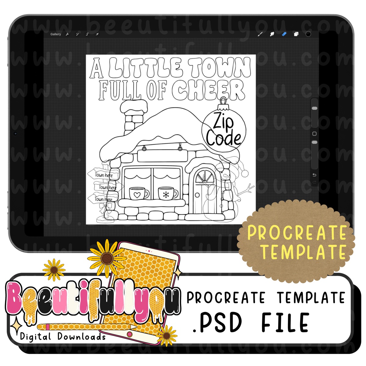 Wonky Christmas Village Template Bundle | 36 Colorable PNGs + Procreate Stamps + Editable PSD | Christmas Town Design Kit