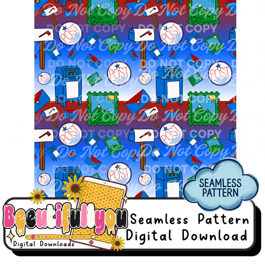 Postal Seamless Pattern PNG | Mail Theme Digital Paper | Vintage Post Office Pattern for Fabric, Tumblers & Sublimation
