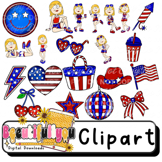 Patriotic Clipart Bundle PNG | 4th of July Clipart + Outline Clipart | USA Girl Graphics | Red White Blue Design Elements
