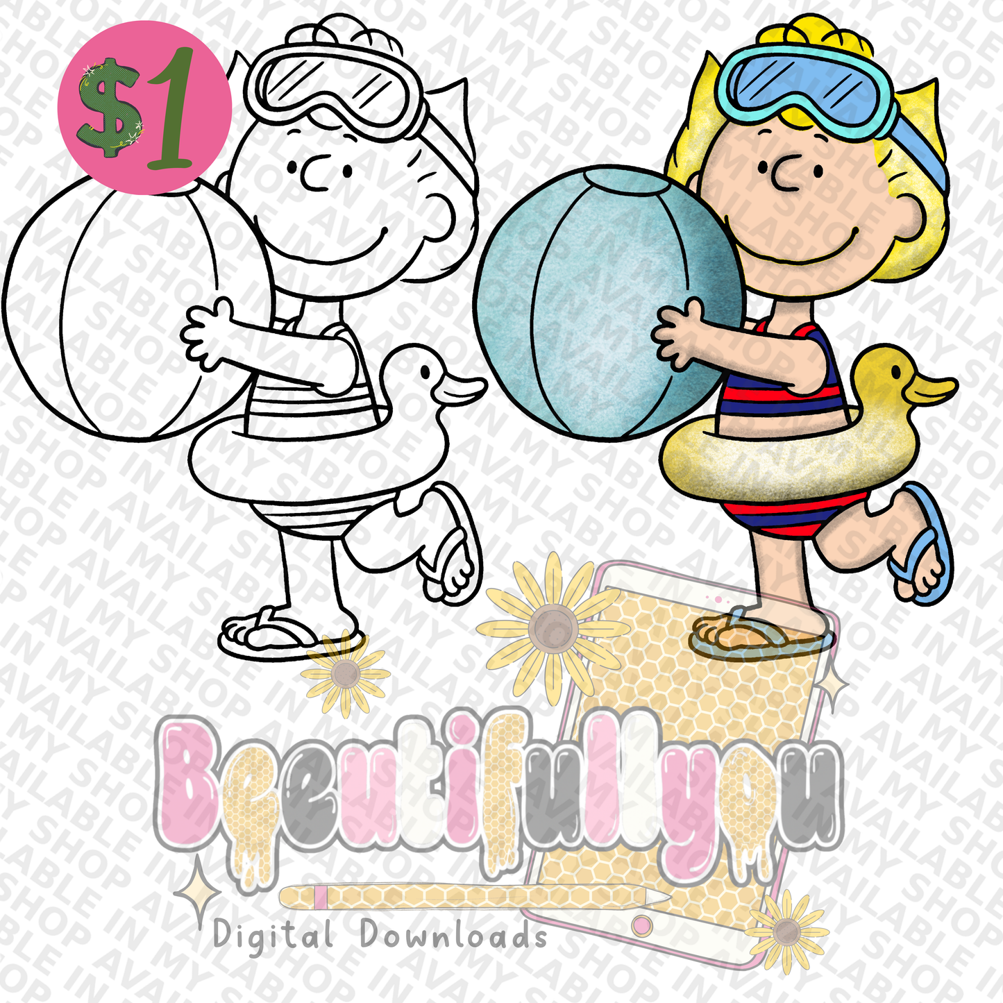 Beach Girl Clipart Bundle PNG | Summer Beach Kid Clipart | Colored & Outline Clipart Set
