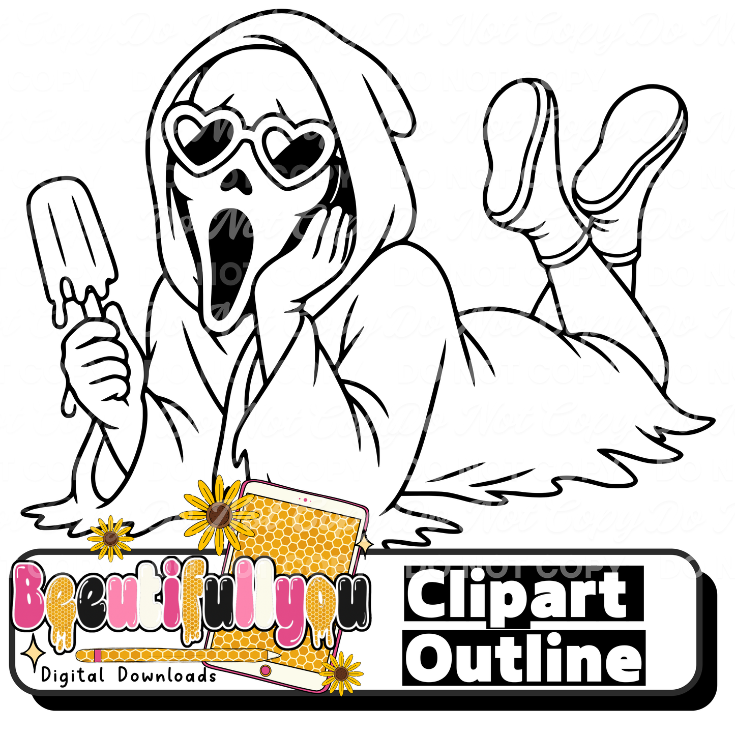 Summer Ghost Face Outline Clipart PNG | Popsicle Horror Outline | Spooky Summer Clipart  | Digital Download