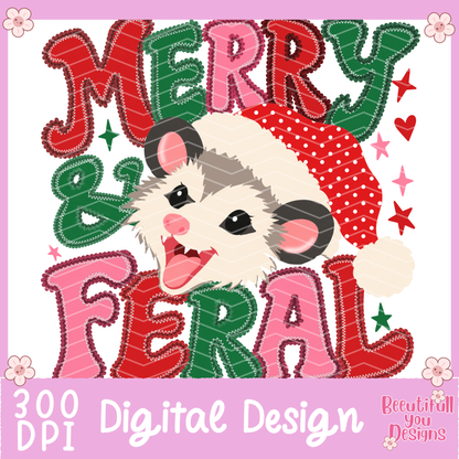 Merry & Feral Christmas PNG | Funny Possum Faux Embroidery Design