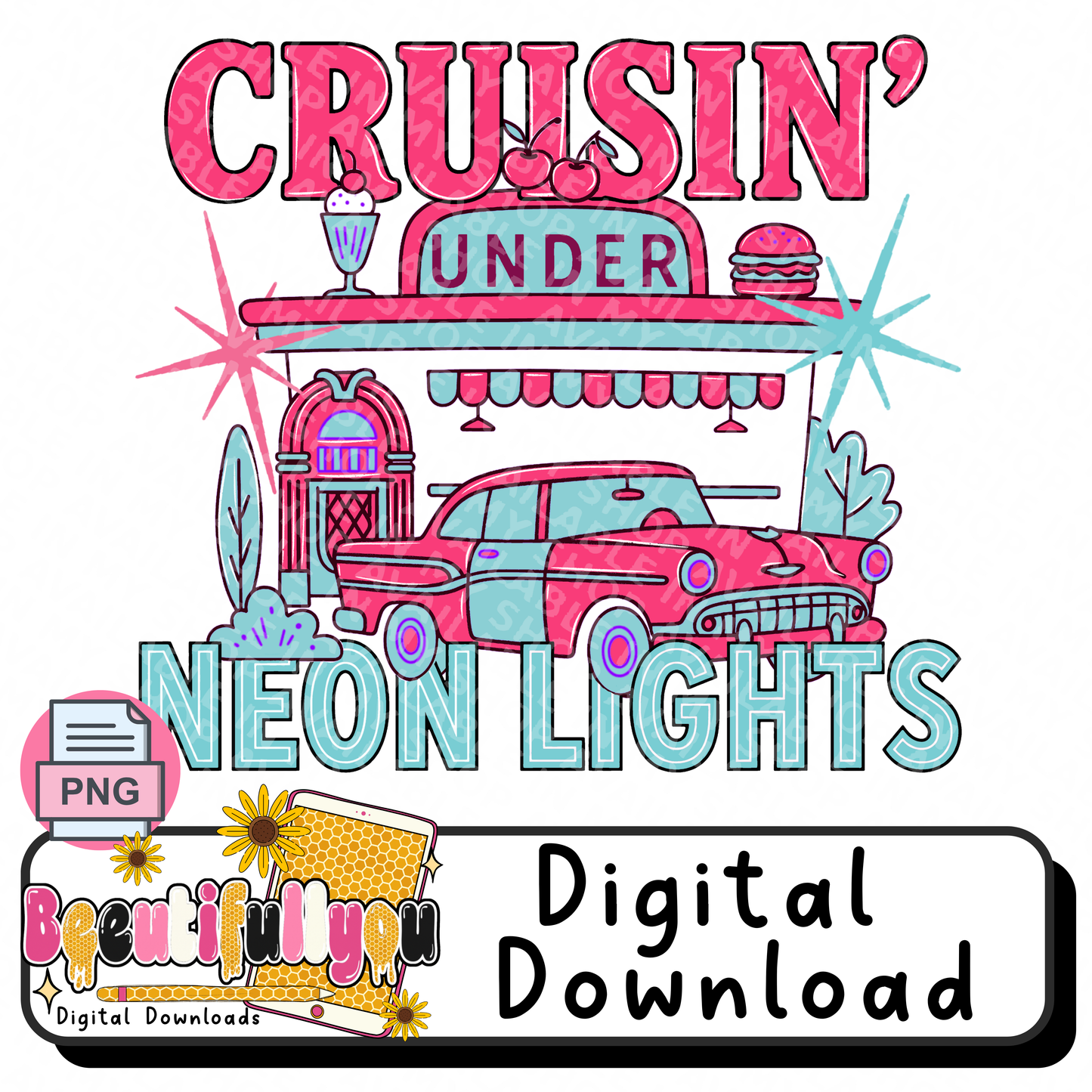 Cruisin’ Under Neon Lights PNG, Retro Diner Car Design, Pink Classic Car Sublimation, Rockabilly Shirt Graphic, Digital Download