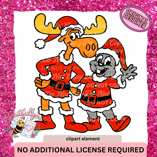 Christmas Moose and squrrel Clipart Element – Santa Outfit Holiday Characters