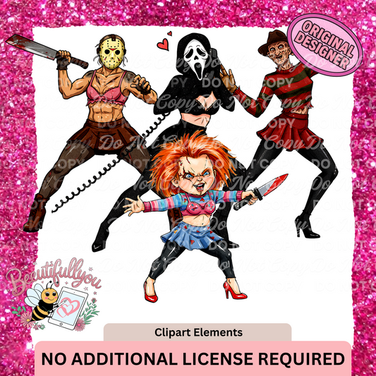 Horror Icons Clipart Elements | Final Girl Parody Characters PNG Set
