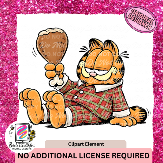 Lazy Cat in Pajamas Clipart | Cozy Thanksgiving Clipart | Turkey Leg PNG