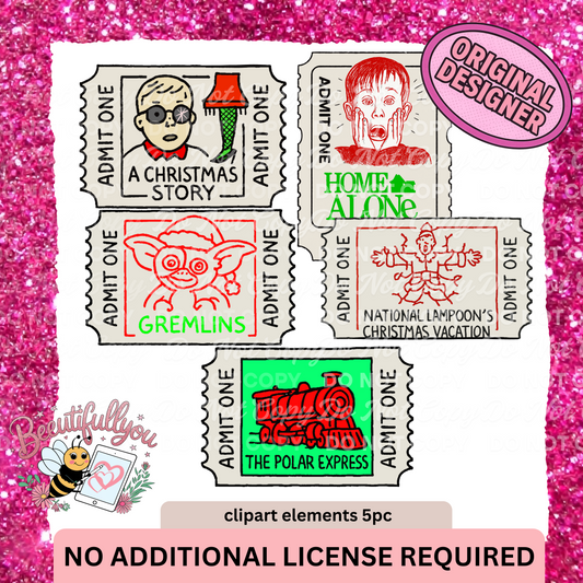 Christmas Movie Ticket Clipart Bundle | 5-Piece Retro Holiday Admit One Stamps | Digital PNG Elements