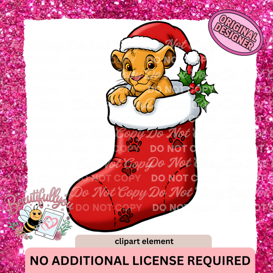 Christmas Simba in Stocking Clipart | Cute Holiday PNG Element