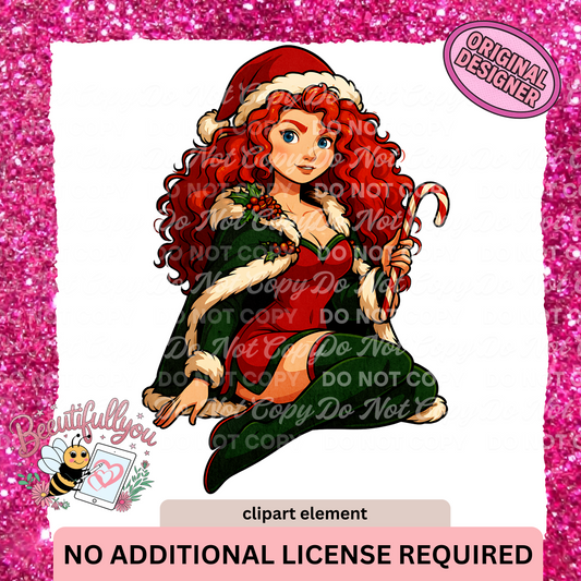 Christmas Redhead Princess Clipart Element | PNG Download | Holiday Character Art