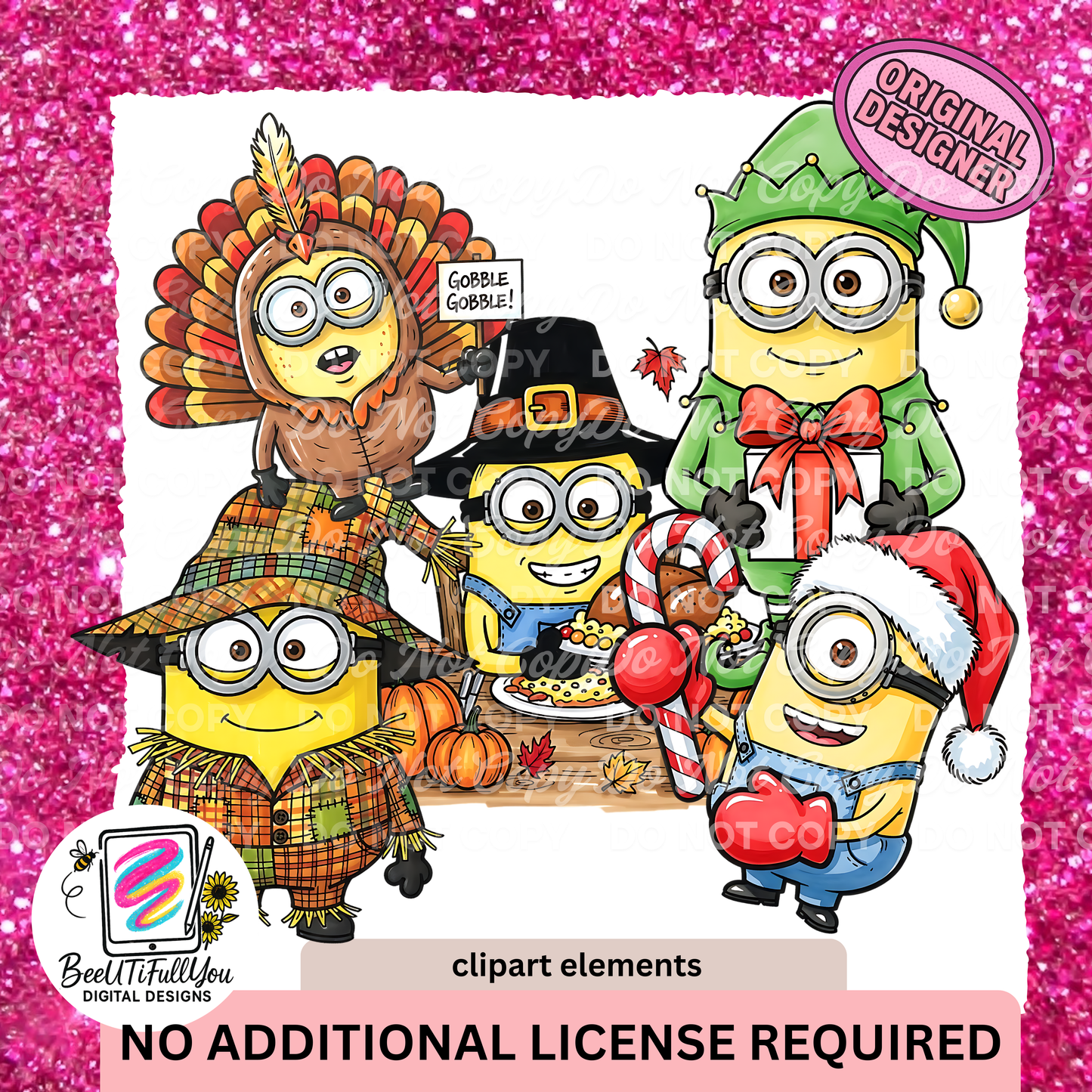 Mins Thanksgiving & Christmas Clipart | 5 PNG Elements | Cute Holiday Clipart for Designers | BeeUTiFullYou Digital Download